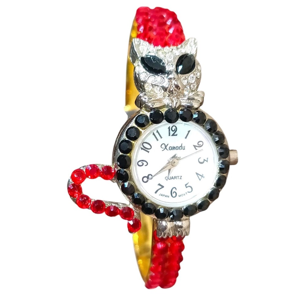 Vintage Xanadu Ladies Quartz Bangle Watch Cat Design Gold & Silver Tone MOP Dial